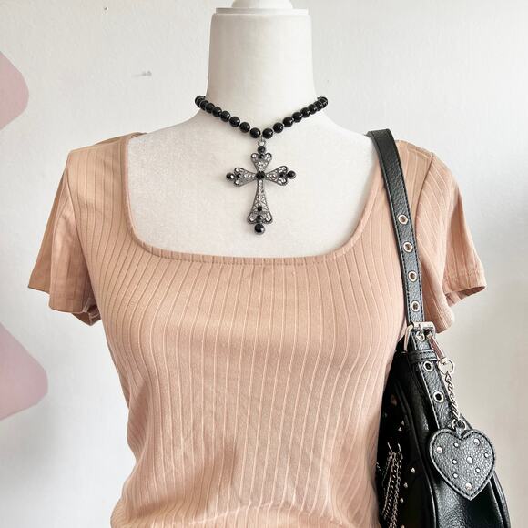 Brown Ribbed Square Neck Top,‎ Minimalist, 90s, Y2K, Earthy, Casual, Medium - Picture 2 of 4